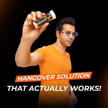 Man holding a product with text about a hangover solution on a black background