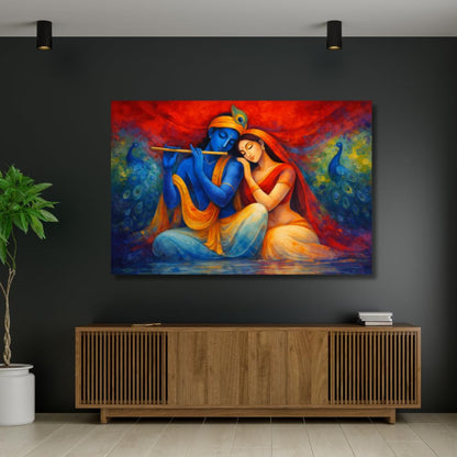 Canvas Radha Krishna Wall Painting For Living Room Big Size | Spritual Wall Art Romantic Radha Krishna Painting For Wall Decoration Large size in Indian Traditional Art | Vastu Home Decor (26 X 18 INCH, Framed - SMALL)