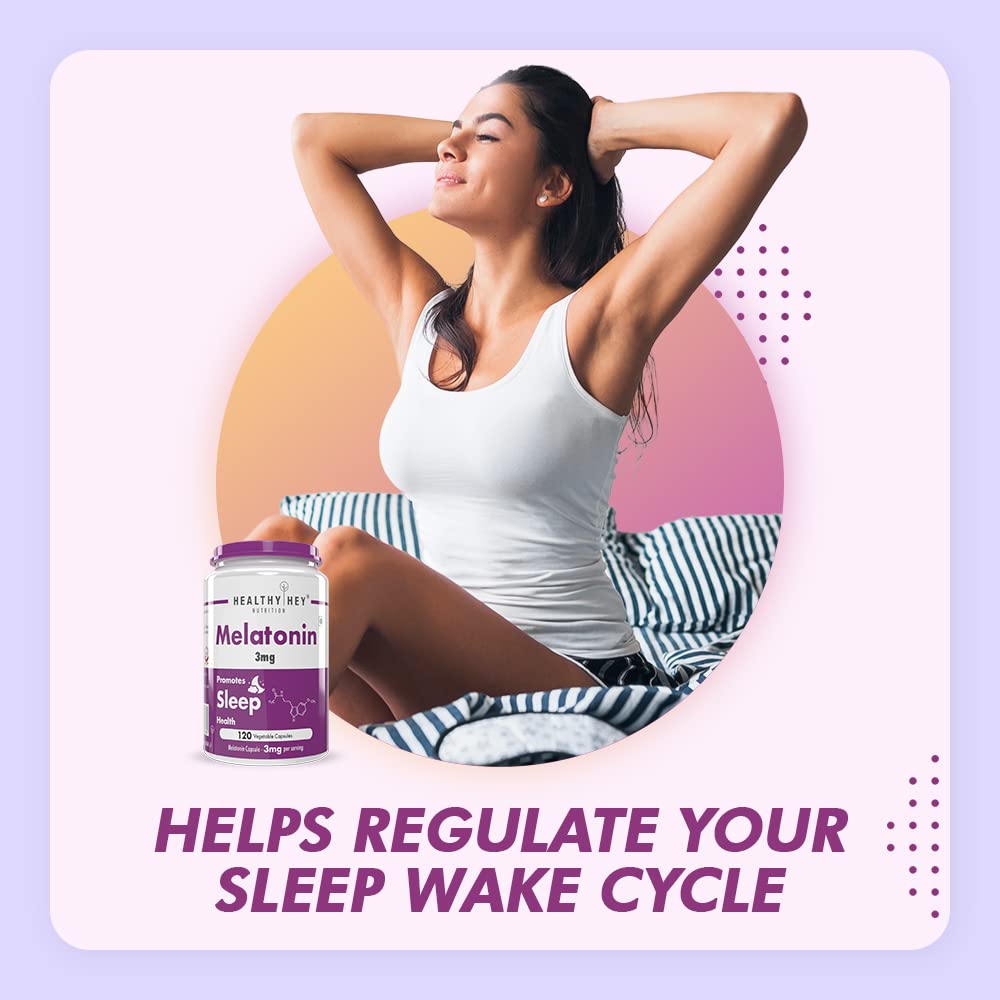 Woman relaxing with a Melatonin supplement container on a pastel background