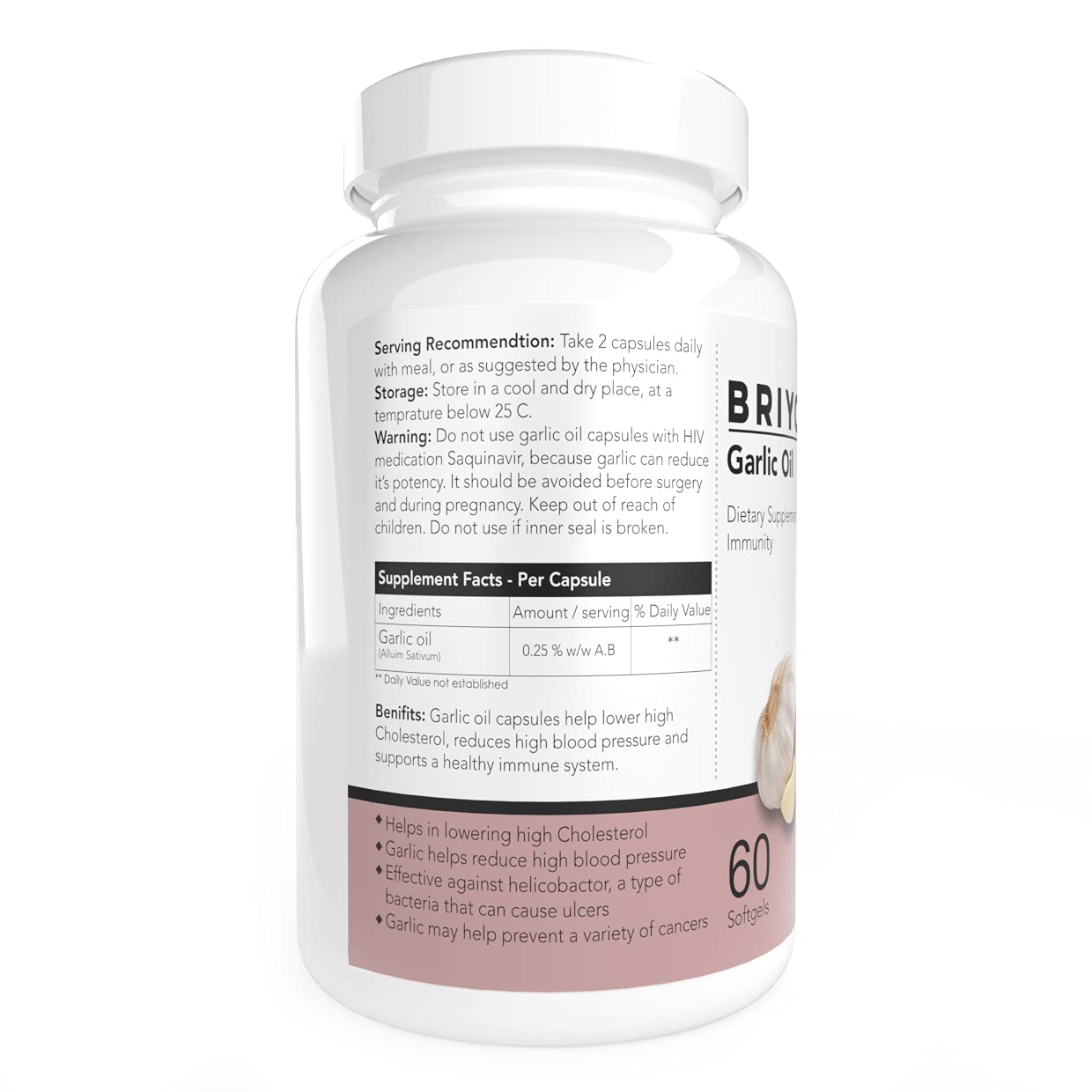 Supplement bottle labeled 'Briyo' with garlic oil on a white background