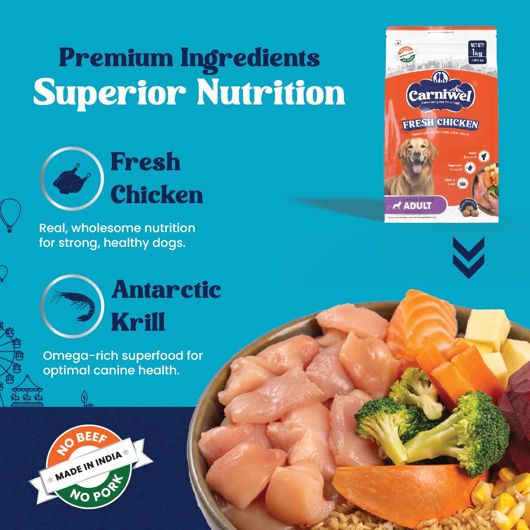 Carniwel Fresh Chicken Adult Dry Dog Food 1kg | Natural Ingredients for Optimal Skin & Coat Health | Highly Palatable | Supports Joint Health | Tailored, Premium Nutrition for Large Dogs