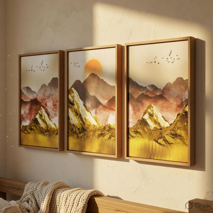 Golden Mountain Landscape Wall Painting Set of 3 with Wooden Frames | Abstract Sunrise Mountain Artwork HD Sparkle Laminated MDF Wall Decor | Modern Nature Wall Art for Living Room