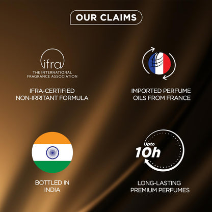 Promotional graphic with IFRA certification, imported perfume oils from France, bottled in India, and long-lasting premium perfumes on a brown background.