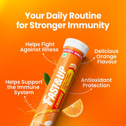 Fast&Up Charge Natural Vitamin C - 60 Effervescent Tablets, Amla Extract + Zinc for Daily Immunity | Helps to boost & Strengthens Collagen for Healthy Skin, Hair & Nails- Orange Flavour