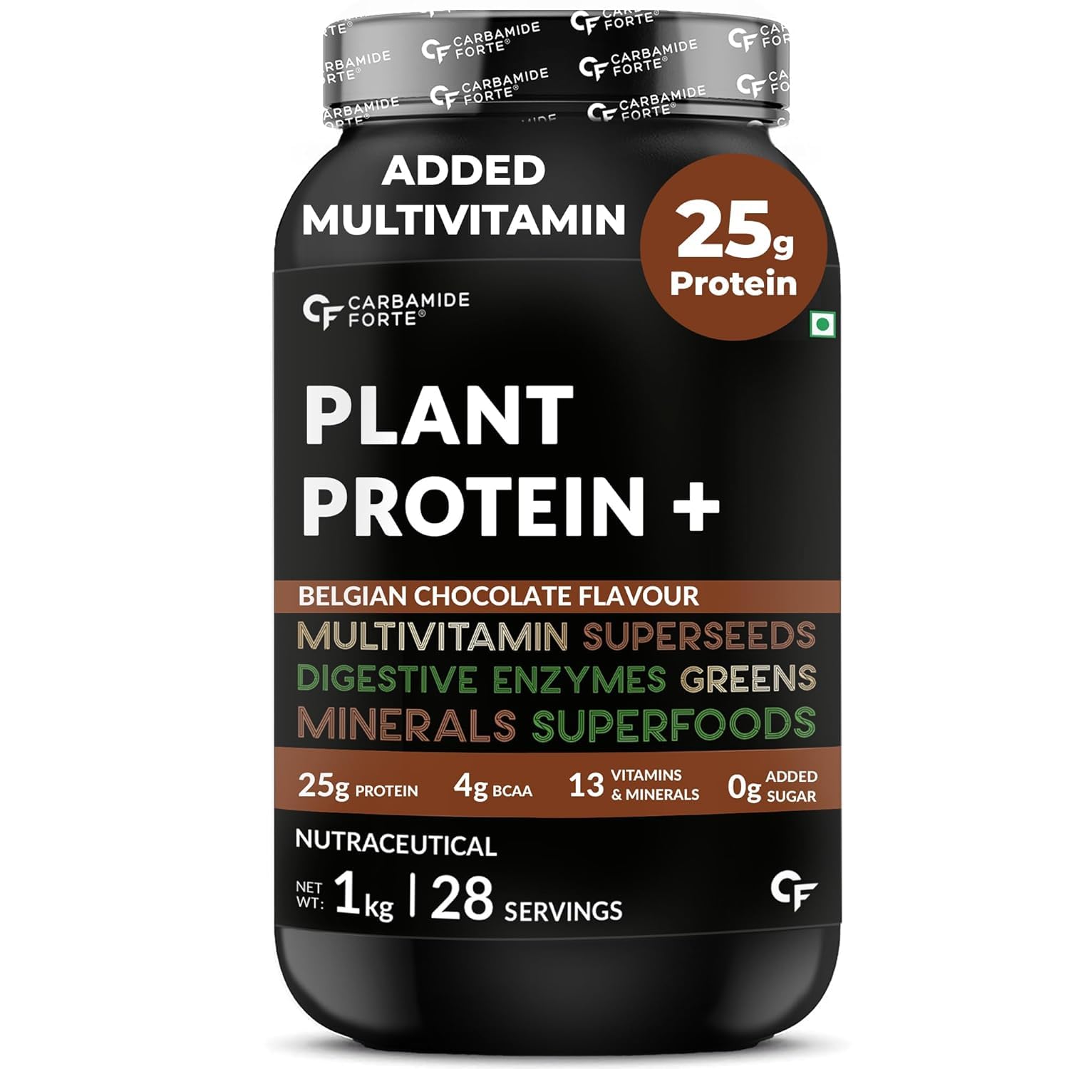 Plant protein supplement bottle with multivitamin and superfood ingredients on a white background