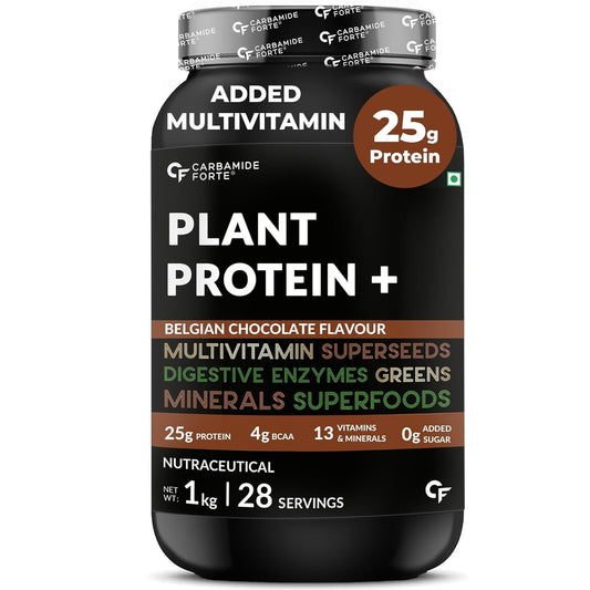 Plant protein supplement bottle with multivitamin and superfood ingredients on a white background