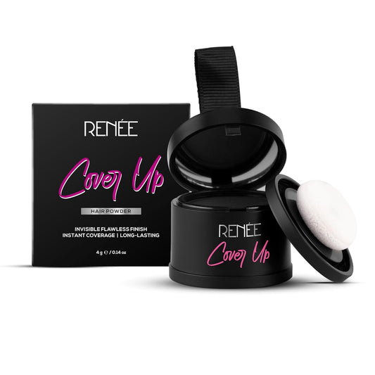 RENE® Cover Up hairpowder packaging with black container and white powder on a white background