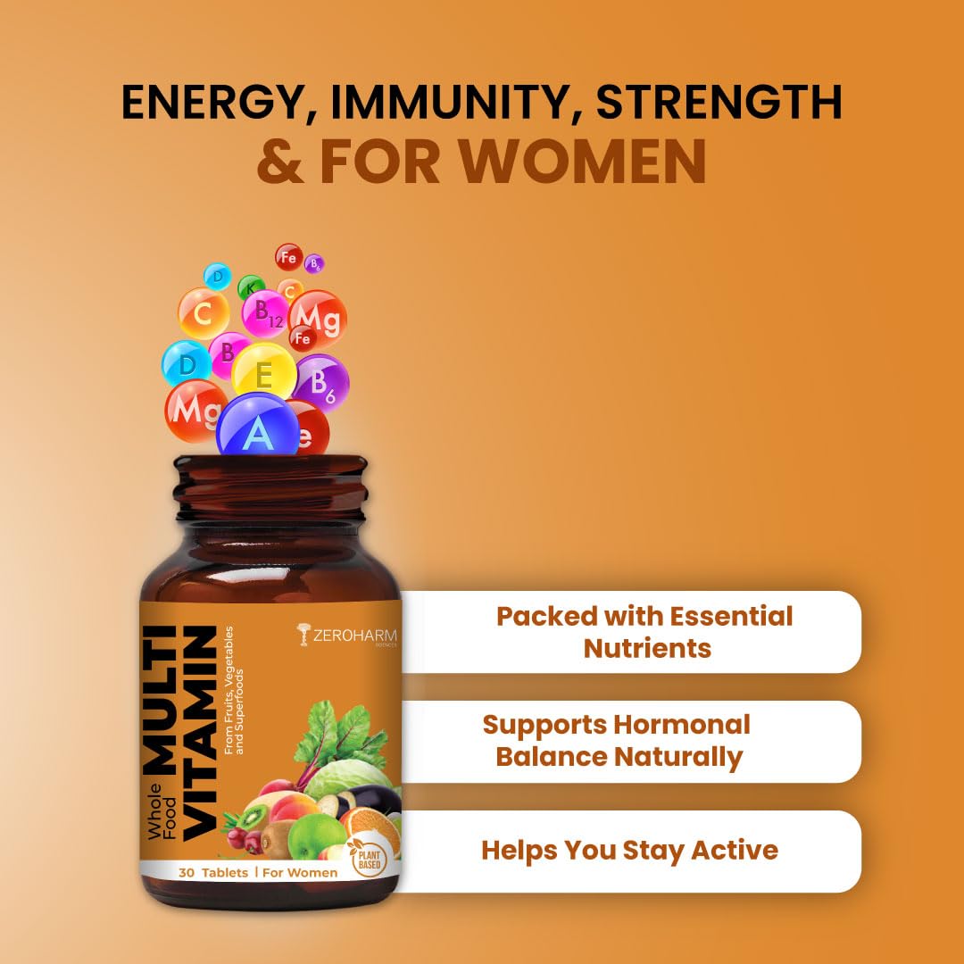 ZEROHARM Multivitamin Tablets for Women - Whole Food With Omega, Essential Vitamins & Minerals - Vitamin C, B, D, A, Biotin, Iron, Zinc, Selenium - Energy, Immunity & Hair Skin Health - 30 Tablets