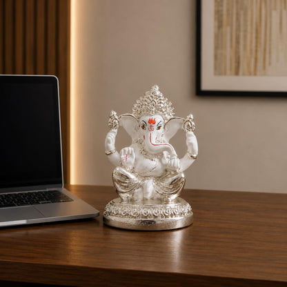 Gold Art India Ceramic 7X4X4 Cm, Silver And White Ganesh Idol For Car Dashboard Small Ganesha Murti Ganpati Idol For Home Decor Puja Lord Ganesh Statue Gift For Office Desk Puja Room Figurine