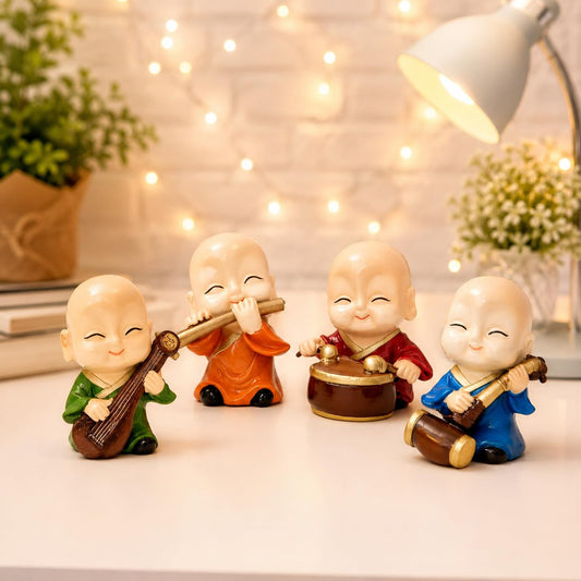 Musical Buddha Decorative Showpiece for Home Decor (Pack of 4, Multicolor)