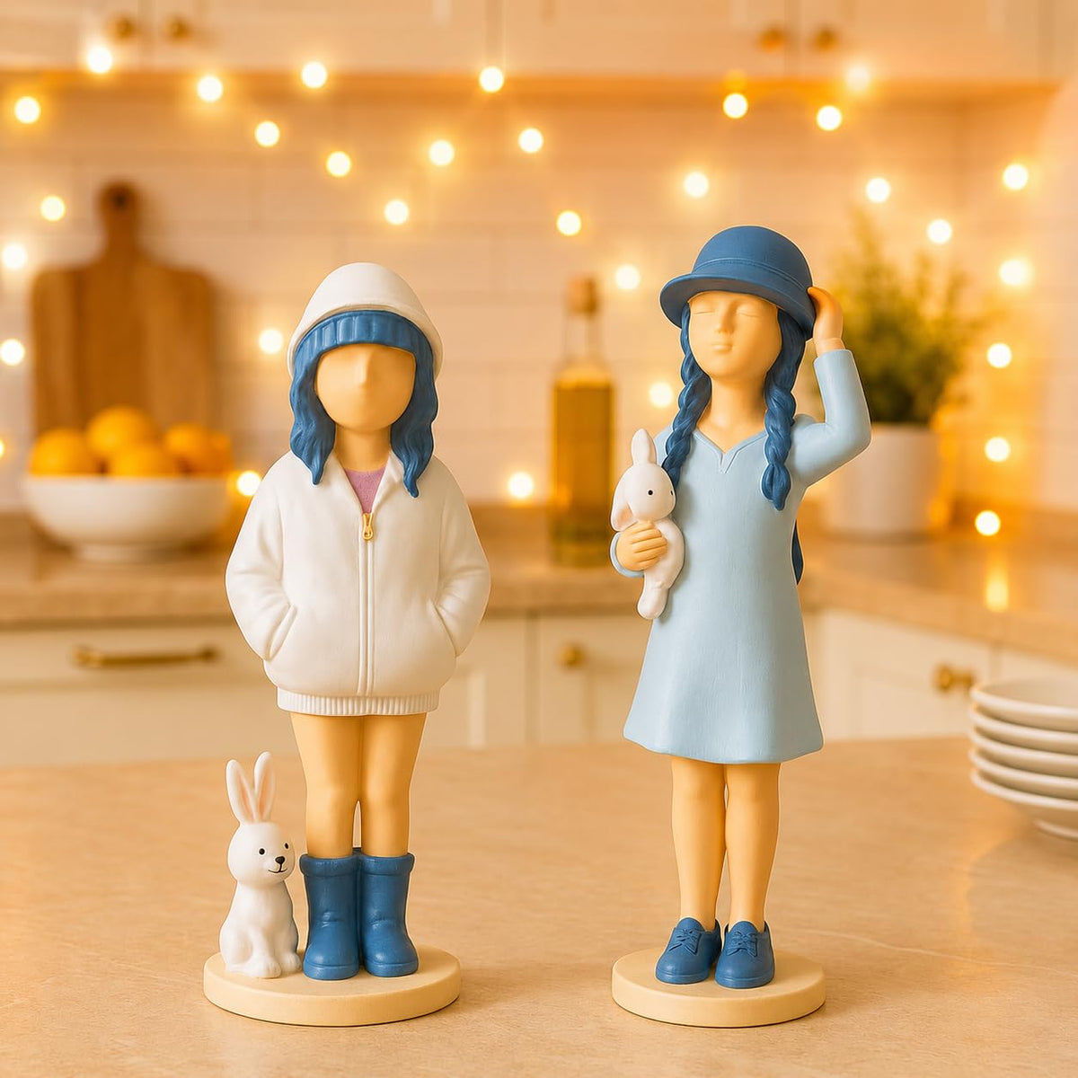 Cute Girls Statue for Home Decor | Table Decor (Pack of 2, White & Blue)
