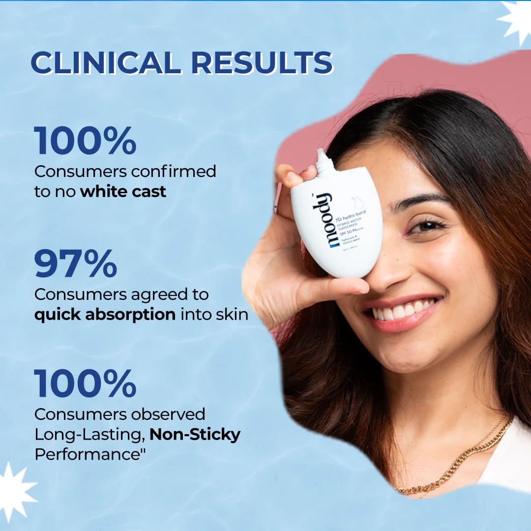 Woman holding a white container with clinical results text on a blue background
