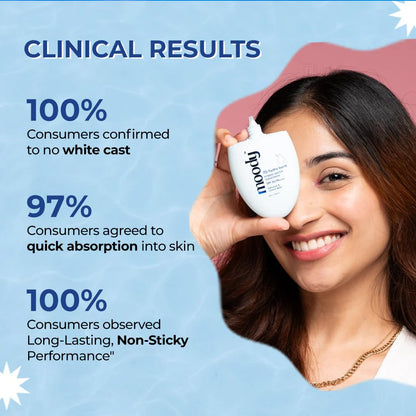 Woman holding a white container with clinical results text on a blue background
