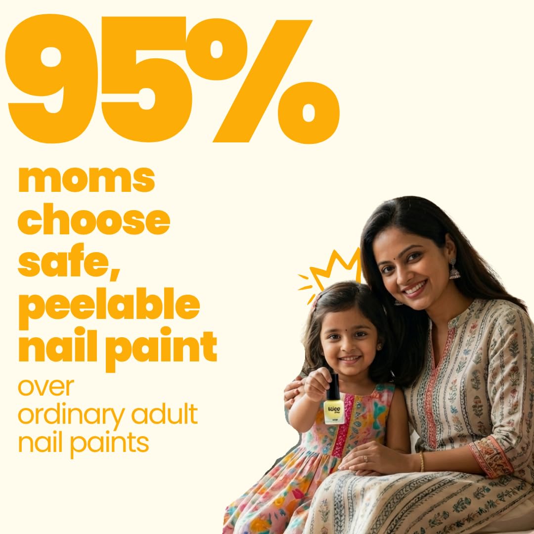 Woman and child holding a bottle of nail paint with promotional text about safe, peelable nail paint.