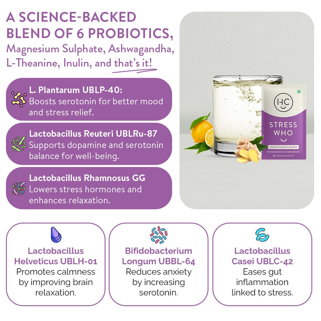 Happy Cultures Stress Who - Ashwagandha KSM66, Magnesium & L-Theanine, Probiotics blend, Anxiety & Stress Relief For Men & Women | Supports Relaxation | Clinically tested, No Side Effects | Lemon & Ginger Flavored - 15 x 2g (Sachets)