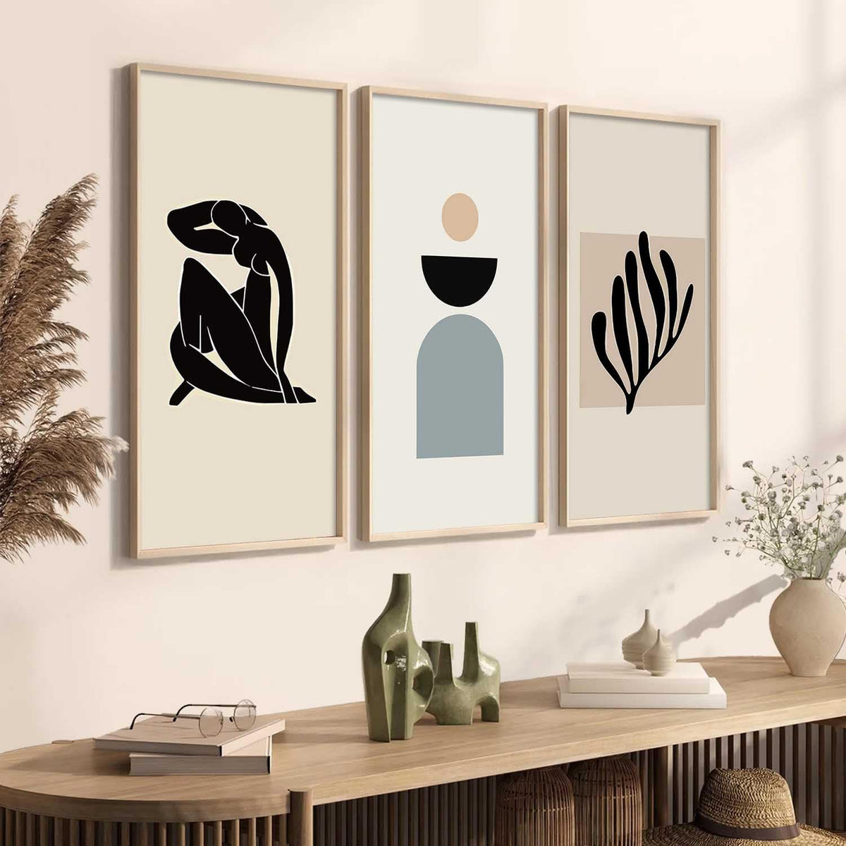 Boho Decorative Modern Wall Art Print With Frame Abstract Paintings For Living Room Bed Room Hotel Wall Decor Digital Reprint Engineered Wood Set of 3 (Art 9, 10x19 inch)