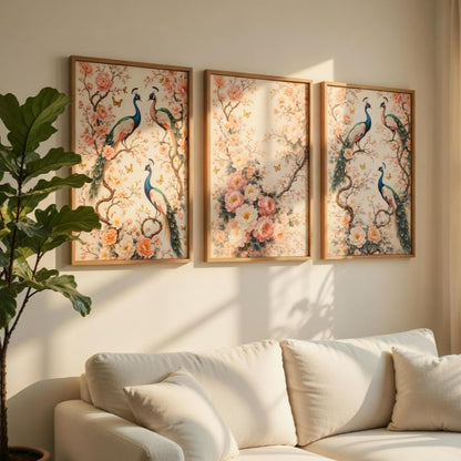 Peacock Floral Wall Painting Set of 3 with Wooden Frames | Elegant Bird & Blossom Artwork HD Sparkle Laminated MDF Wall Decor | Botanical Peacock Wall Art for Living Room Bedroom Hallway