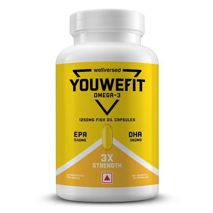 YouWeFit Triple Strength Omega 3 Fish Oil Capsules - Soft Gels With 540mg EPA & 360mg DHA To Support Heart & Joint Health | Omega 3 Supplement 1250mg