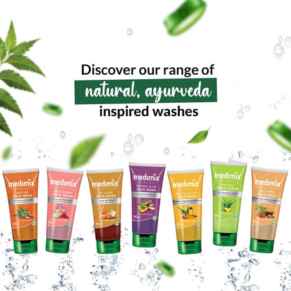 Medimix natural ayurveda inspired face wash products with green leaves and water droplets on a white background.