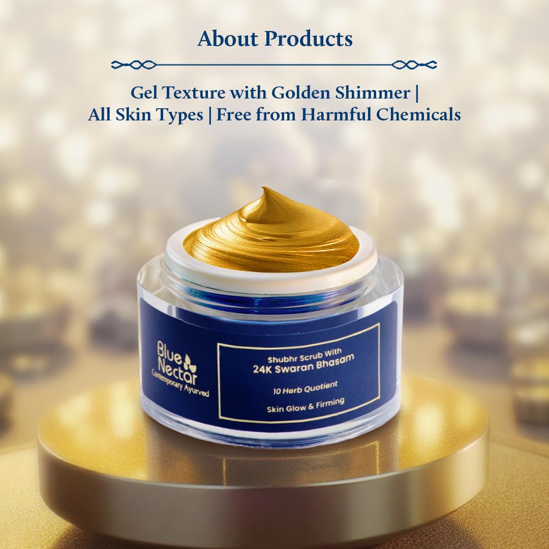 Blue Nectar Gold Face Scrub for Glowing Skin | Naturally Exfoliating Scrub for Men & Women with Walnut & Kumkumadi | Ayurvedic Tan Removal (12 Herbs, 50g)