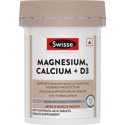 Zephivo Swisse Magnesium, Calcium+D3 Supports Muscle Function, Energy & Bone Health (Manufactured In Australia) - 60 Tablets (1 Tablet Per Serving)
