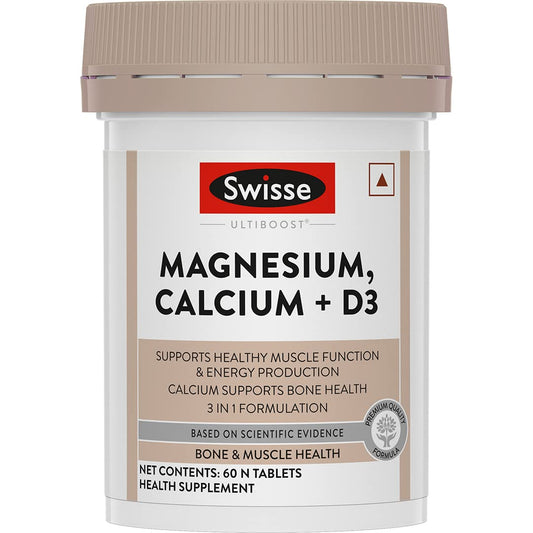 Zephivo Swisse Magnesium, Calcium+D3 Supports Muscle Function, Energy & Bone Health (Manufactured In Australia) - 60 Tablets (1 Tablet Per Serving)