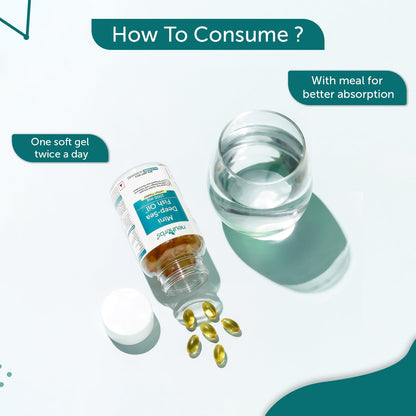 Neuherbs Mini Deep Sea Omega 3 Fish Oil Capsules 1000mg Supplement | EPA - 360mg, DHA - 240mg | With Vitamin E & D3 | Suppots Heart, Brain, Muscle & Joint Health| Lemon Flavour - 120 Softgels