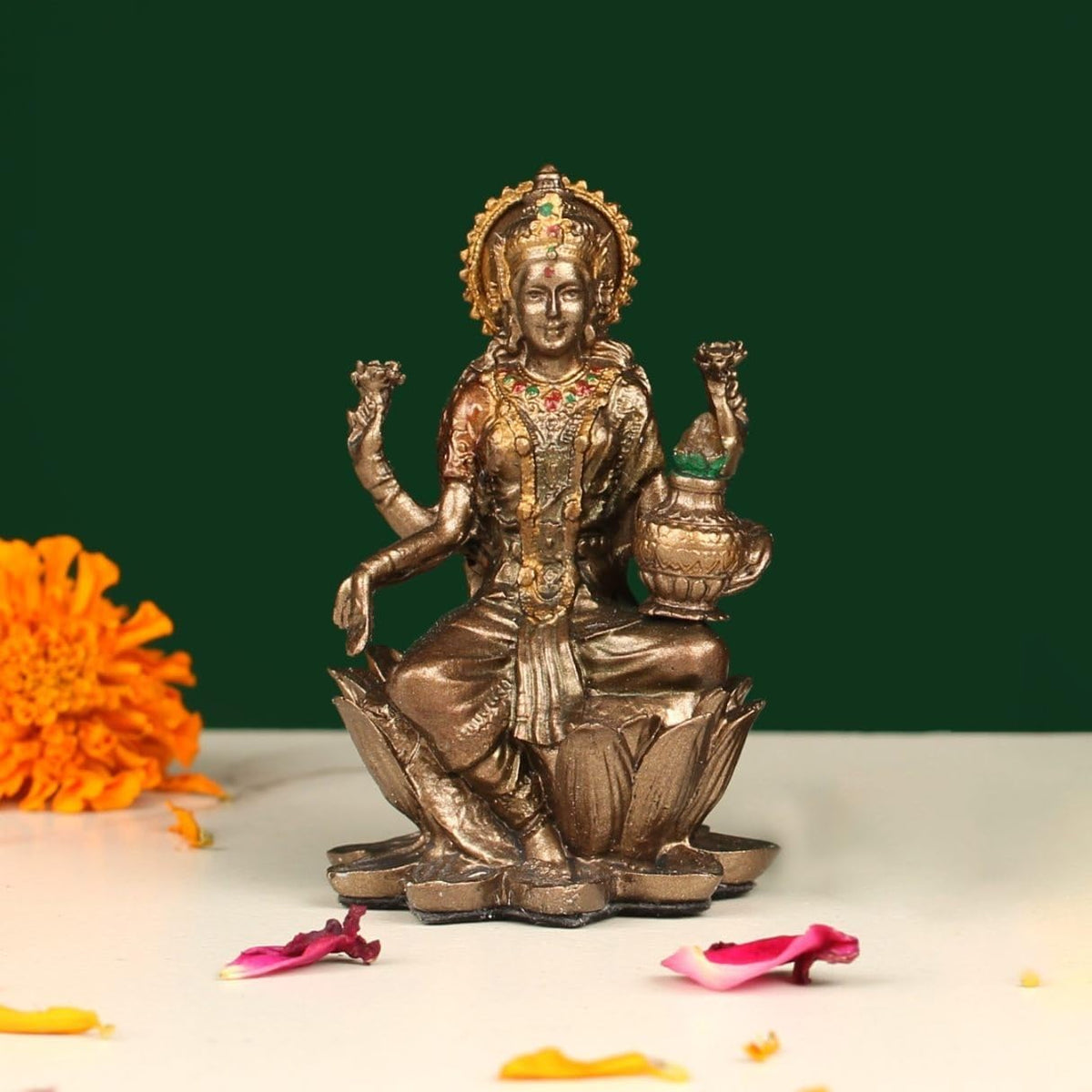 Resin 3" Laxmi Copper Finish Hindu God Statue Laxmi Ji Idol Figurine Decoration and Pooja Gifting Purpose Sculpture House Warming Statue, Religious