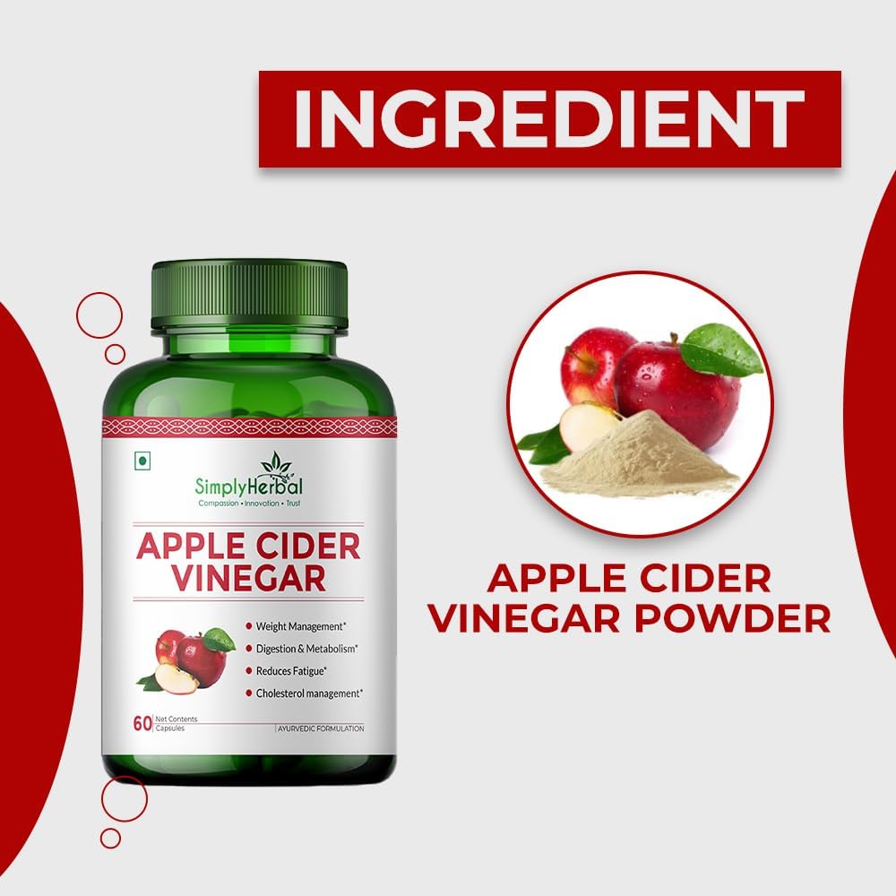 Simply Herbal Organics Apple Cider Vinegar 500mg Supplement for Weight Management | ACV Capsules, Probiotics Blend, Boost Metabolism, Belly Fat Loss- 60 Veg Capsules