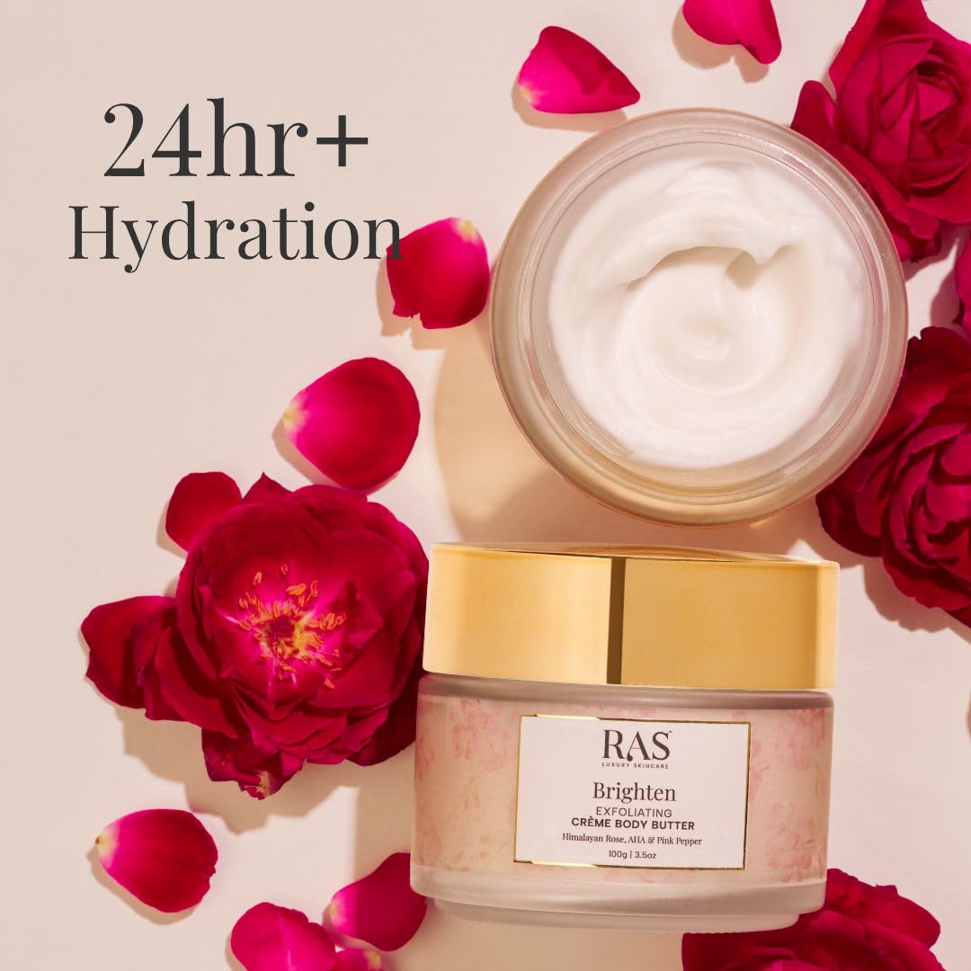 Ras Luxury Oils Brighten Exfoliating Creme Body Butter with Pink Pepper & Himalayan Rose | 24 Hour Long Lasting Hydration | Non-Greasy, Quick Absorbing Tan Removal Moisturizer For All Skin Type, 100gm