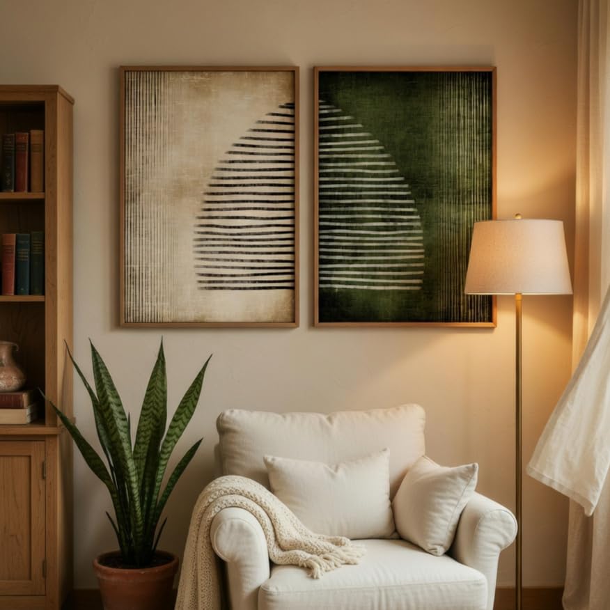 Modern Abstract Geometric Wall Painting Set of 2 with Wooden Frames | Minimalist Line Art HD Sparkle Laminated MDF Wall Decor | Contemporary Abstract Wall Art for Living Room Bedroom