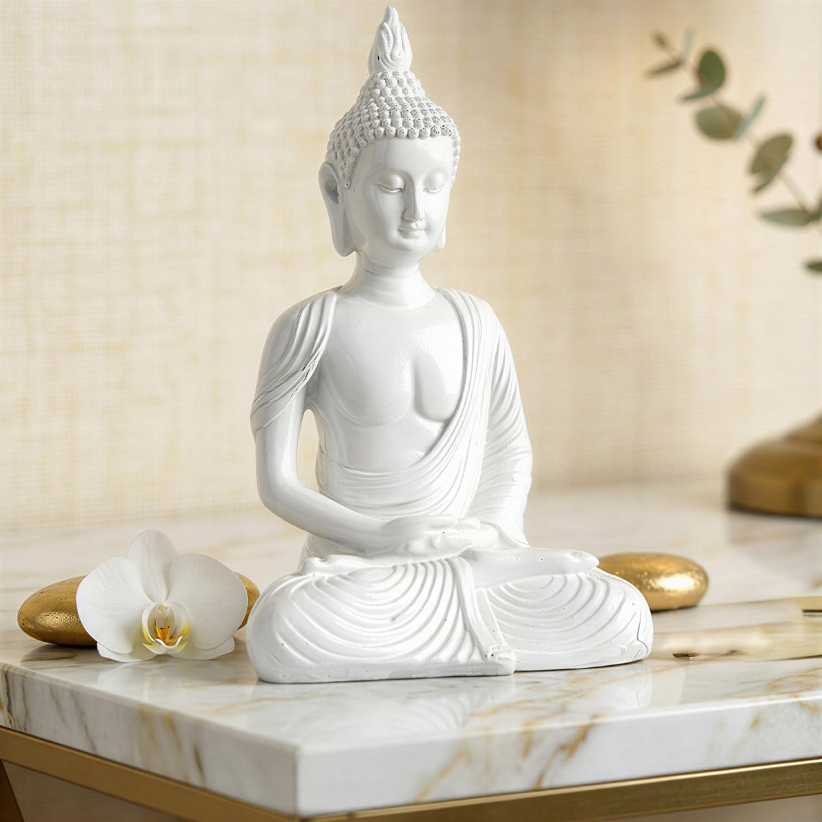 New Sitting Meditating Buddha Statue showpiece Idol Home Decor Items for Living Room and Gifts (White)