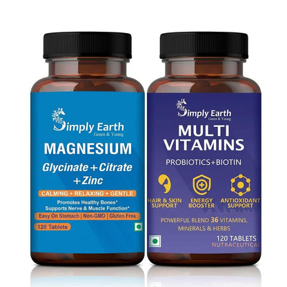 Simply Earth Nutrition Combo: 120 Magnesium Complex Tablets + 120 Multivitamin Tablets - Complete Blend of Vitamins, Minerals & Probiotics for Bone & Heart Health