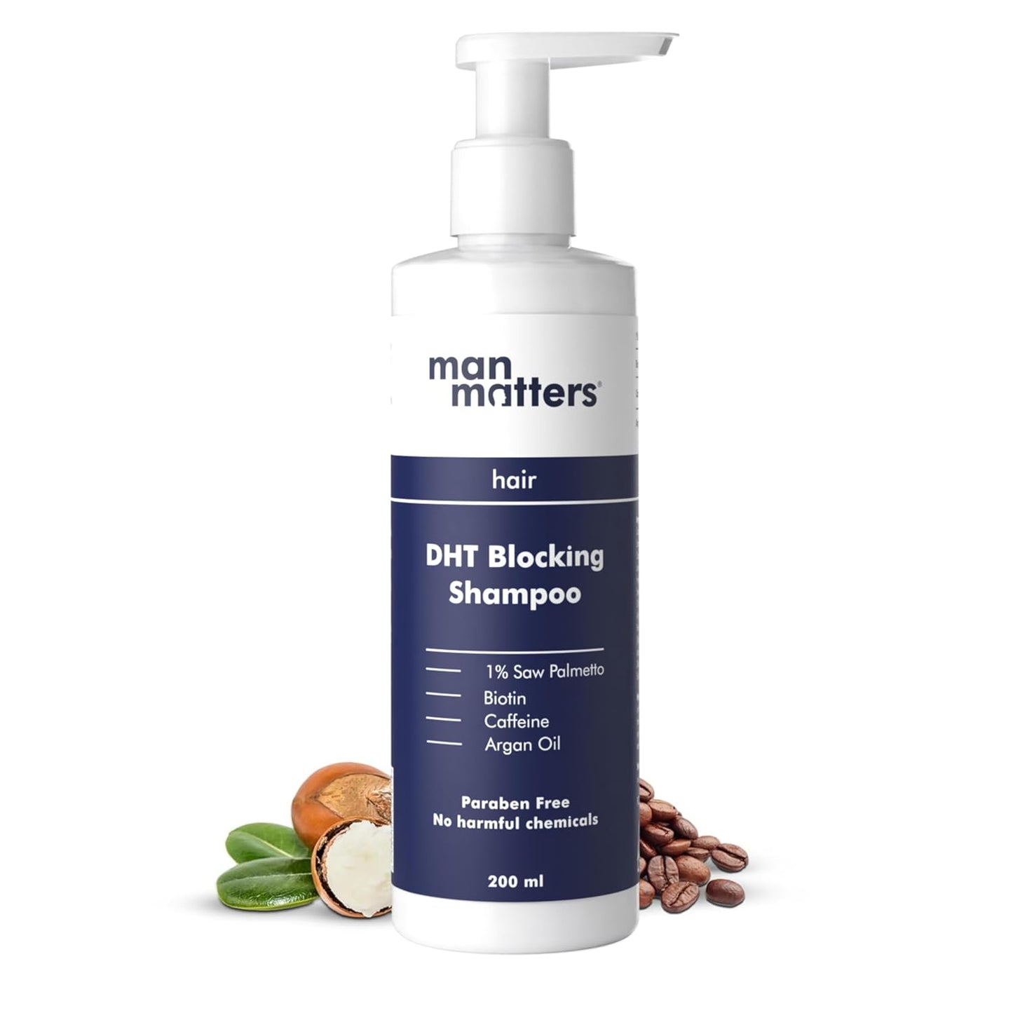 Man Matters DHT Blocking Anti Hair Fall Shampoo 200ml | Paraben & Sulphate Free | With 1% Saw Palmetto, Biotin, Caffeine & Argan Oil | No Side Effects
