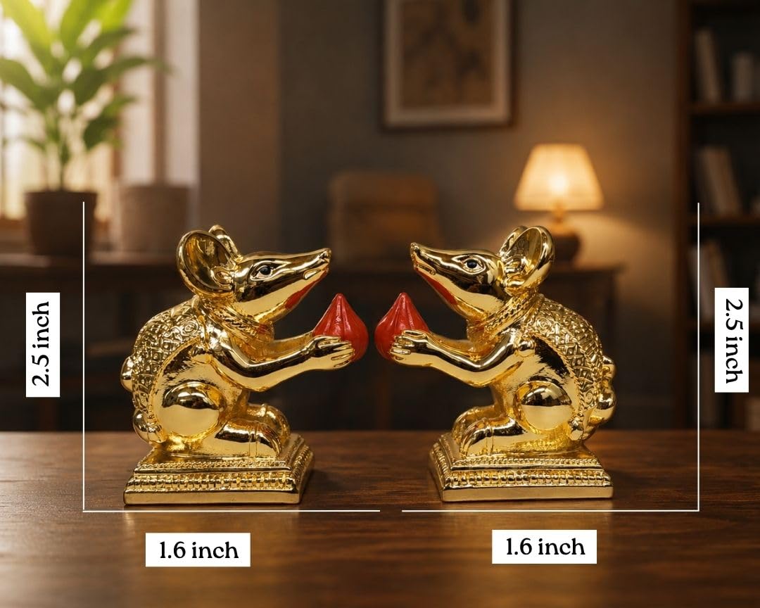 Gold Art India Gold-Plated Mushak (Mooshak) Mouse Pair with Modak | Orange Terracotta Finish | Mouse Idol | Vehicle (Vahana) of Lord Ganesha | 2.5 Inch Height | Mandir (Set of 2 pcs)
