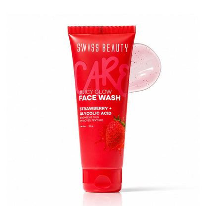 Swiss Beauty Care Juicy Glow Face Wash | Strawberry + Glycolic Acid | Removes Dirt & Grime | Refreshes and Revitalises Refines Skin Texture | Gently Exfoliates - 100g