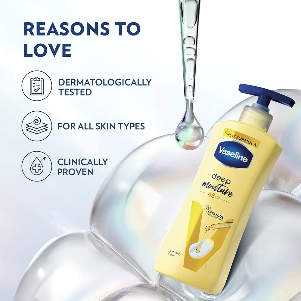 Vaseline Deep Moisture Body Lotion with Ceramide Hyaluron Moisture Fillers | 10X More for Cushion Soft Glowing Skin | For Dry | Lightweight Non-Sticky Formula | 200ml