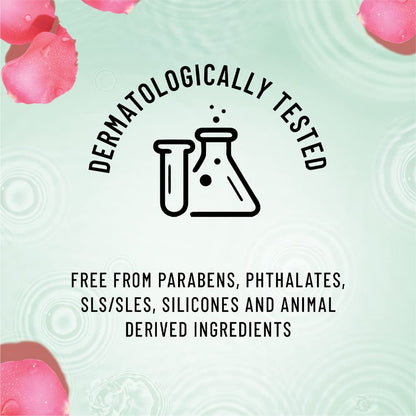 Product label with 'Dermatologically Tested' and ingredient information on a light green background with floral elements.