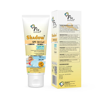 Fixderma Shadow Sunscreen SPF 50+ Gel for Kids PA+++ | Broad Spectrum Sunscreen for UVA & UVB Protection, Non-Greasy & Water Resistant - For Kids 2+ Years Age, 75gm