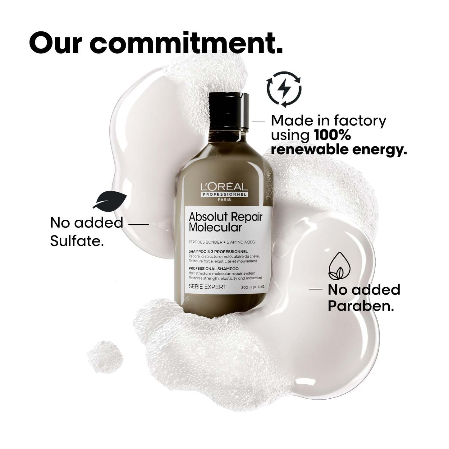 L'Oreal Absolut Repair Molecular shampoo bottle with environmental commitment text on a white background