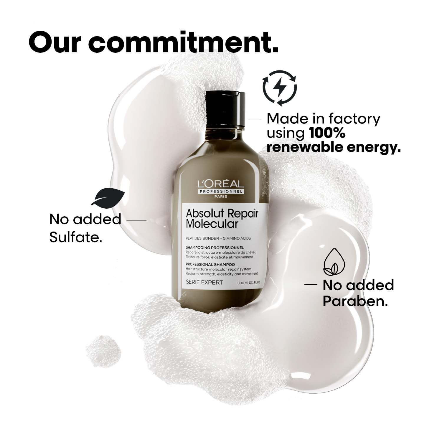 L'Oreal Absolut Repair Molecular shampoo bottle with environmental commitment text on a white background