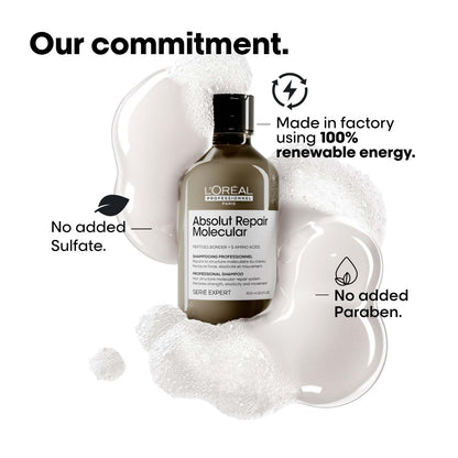 L'Oreal Absolut Repair Molecular shampoo bottle with environmental commitment text on a white background