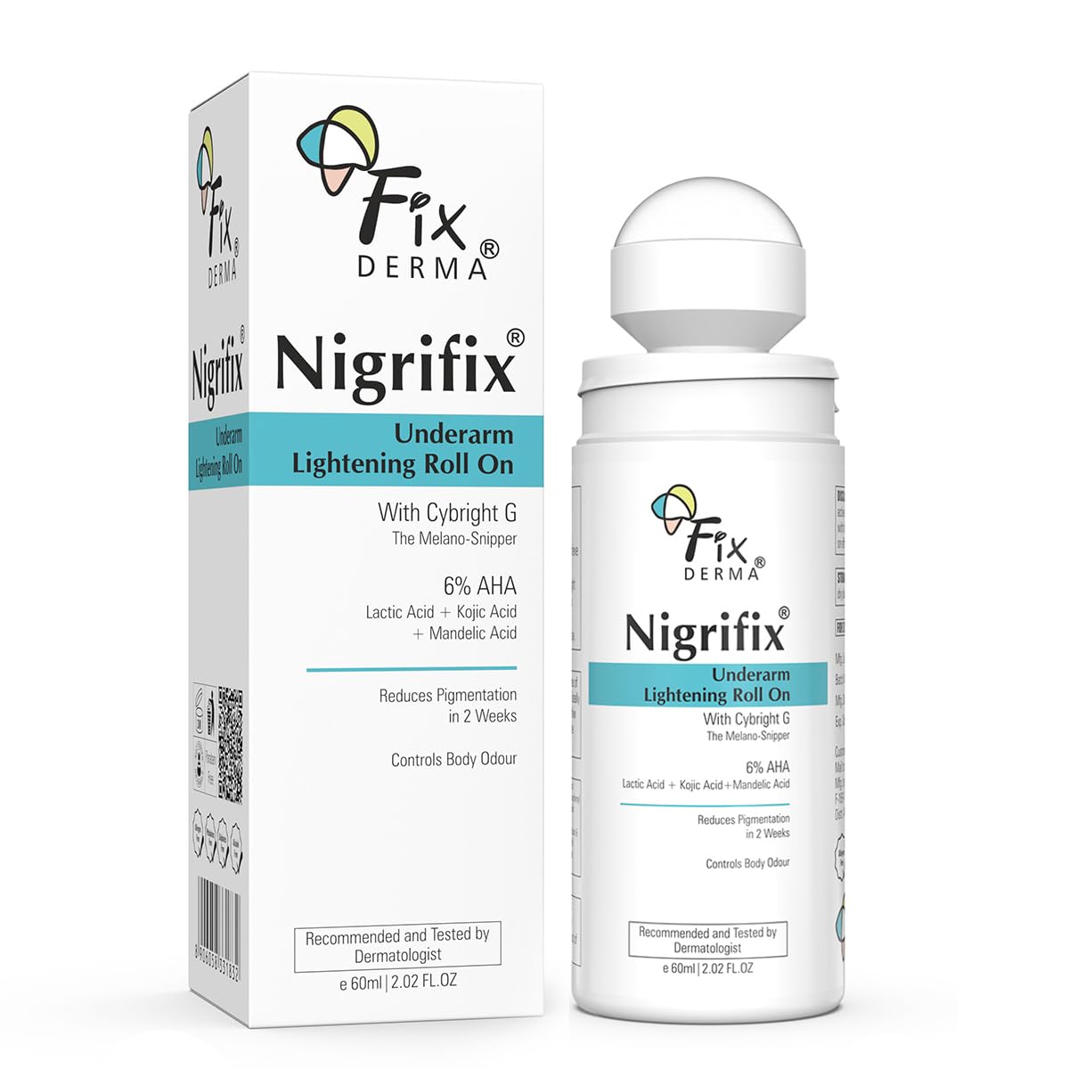 Fix Derma Nigrifix Underarm Lightening Roll On packaging and bottle on a white background