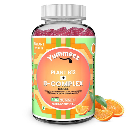 Yummeez Plant B12 + B-Complex gummy supplement bottle with oranges on a white background