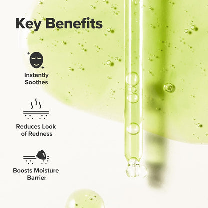 Key benefits of a skincare product with green gel and dropper on a white background