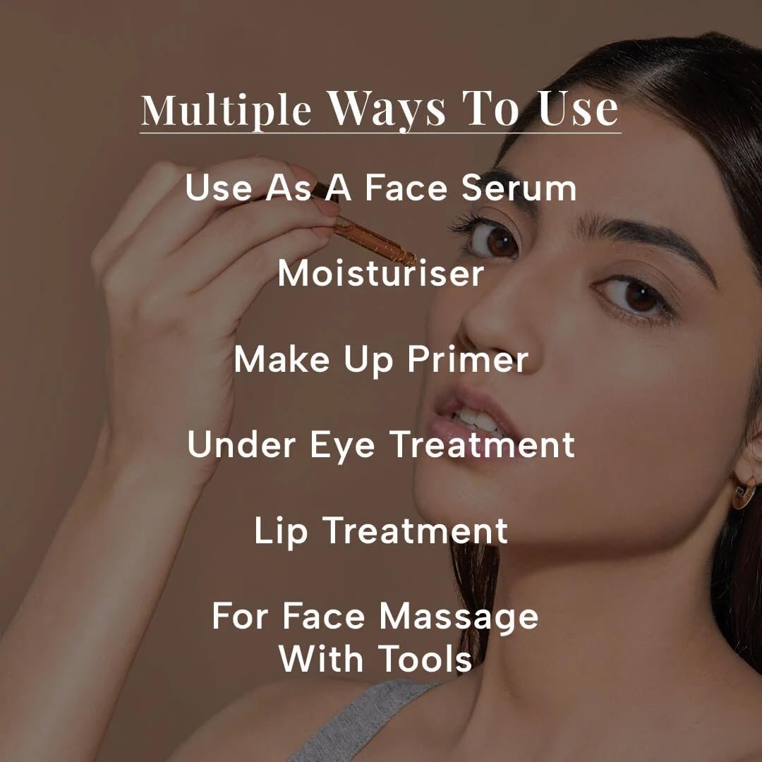Woman holding a cosmetic product with text on multiple uses against a brown background