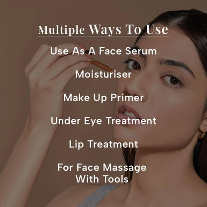 Woman holding a cosmetic product with text on multiple uses against a brown background