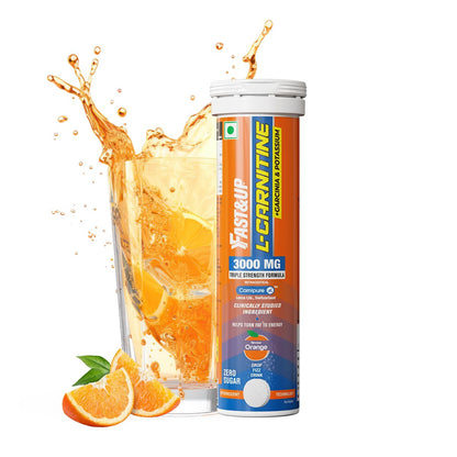 Fast&Up L Carnitine 3000mg Effervescent Tablets | Triple Action L Carnitine Supplement with Garcinia Cambogia & Potassium | Fat Burner for Weight Loss | Controls Cravings I Reduces Bloating I Orange Flavour (Pack of 1)