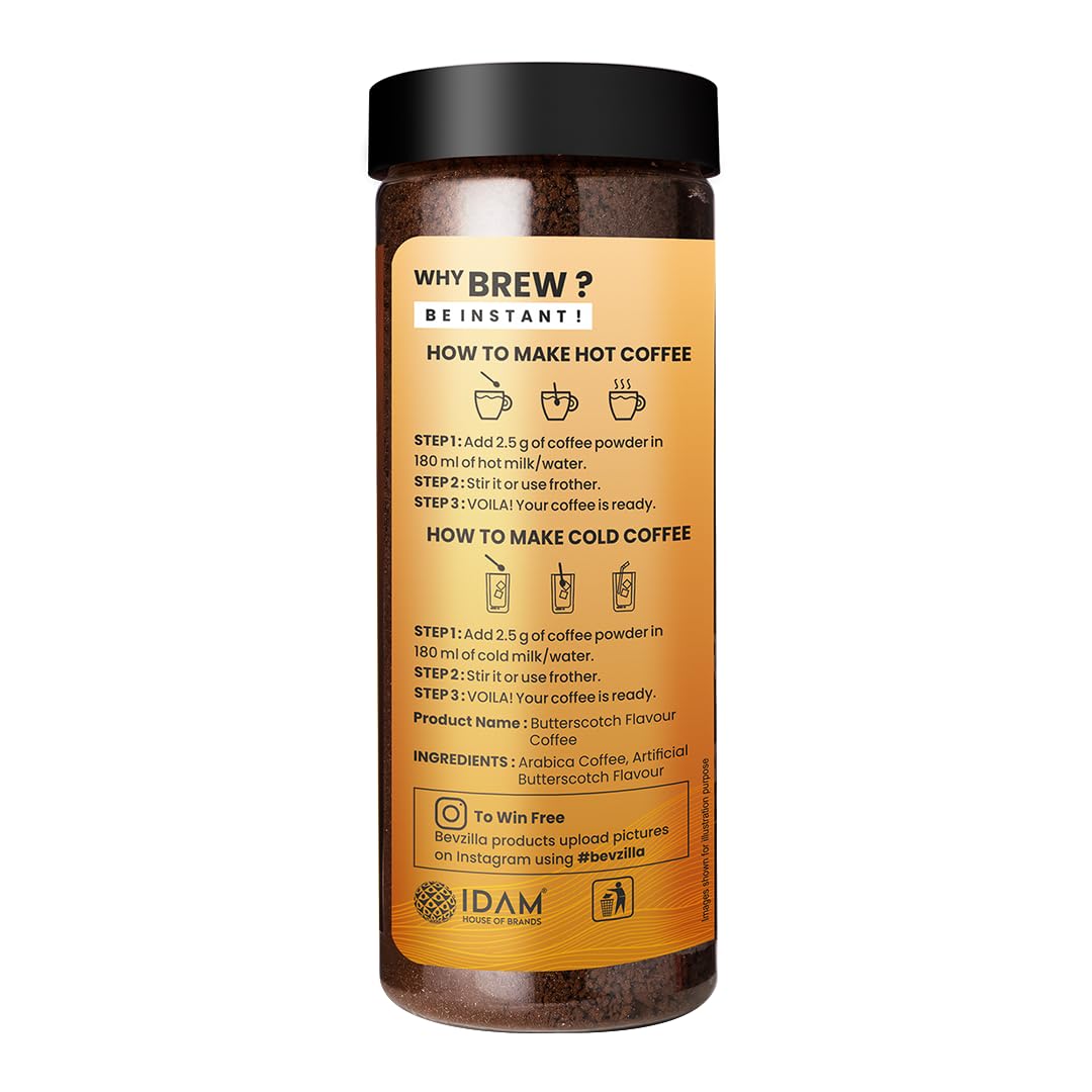 Bevzilla Butterscotch Flavoured Instant Coffee Powder - 200g | Arabica Beans | Best For Espresso, Latte & Cappucino | Hot & Cold Coffee | Intense, Bold And Strong Flavour
