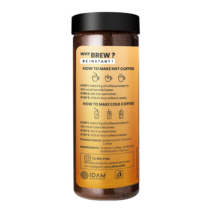 Bevzilla Butterscotch Flavoured Instant Coffee Powder - 200g | Arabica Beans | Best For Espresso, Latte & Cappucino | Hot & Cold Coffee | Intense, Bold And Strong Flavour